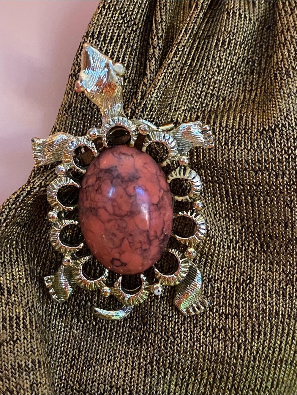 Vintage Gerry’s Turtle Brooch Pendant | Pink Faux Stone Sea Turtle | Signed 1970